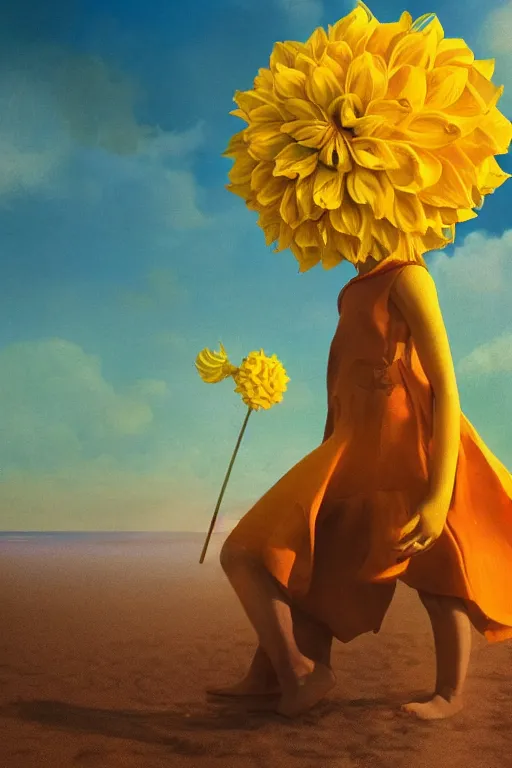 Image similar to closeup girl with huge yellow dahlia flower face, on beach, surreal photography, blue sky, sunrise, dramatic light, impressionist painting, digital painting, artstation, simon stalenhag