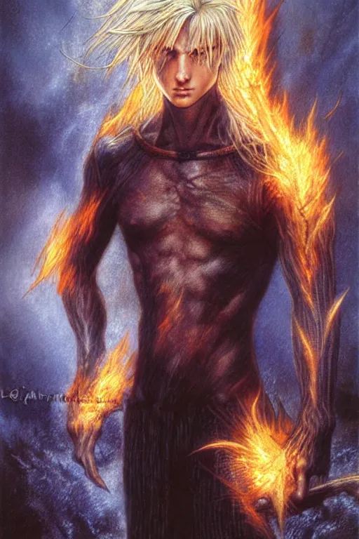 Prompt: character art by luis royo, young man, blonde hair, on fire, fire powers