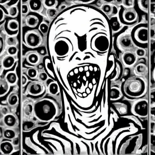 Image similar to drilling neighbor, grid of drilled holes in a room, black and white horror in style of junji ito