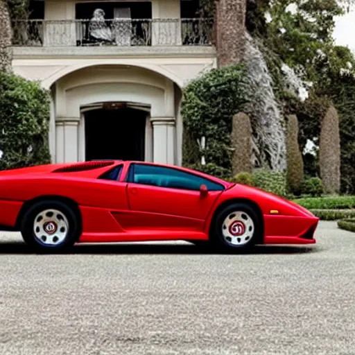 Image similar to red lamborghini diablo in front of an 8 0's mansion and al pacino in front of it very elegant and very realistic