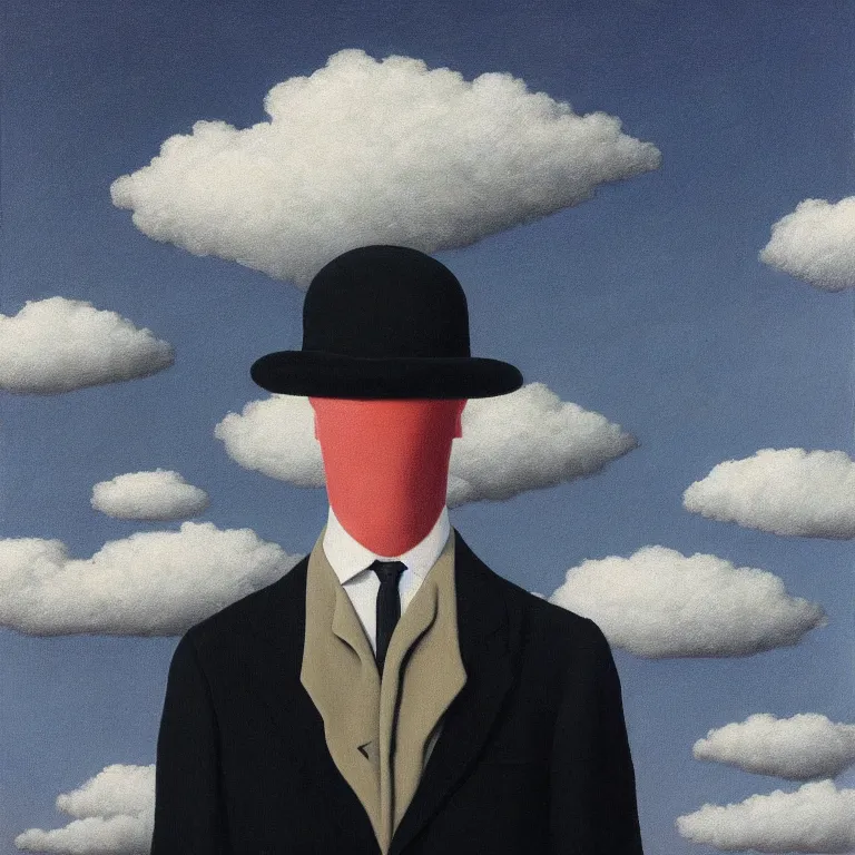 Image similar to portrait of a faceless shadow - head man in a suit, clouds in the background, by rene magritte, detailed painting, distance, middle centered, hd, hq, high resolution, high detail, 4 k, 8 k