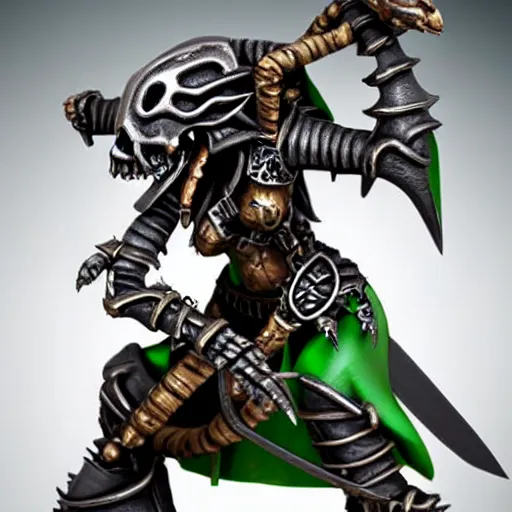 Prompt: photo of a female skaven from warhammer, skull rings, skull shield, warhammer model, figurine, highly detailed, sharp focus