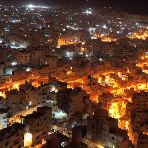 Image similar to pictures of bombed city in Syria at night, fire bombs nuke