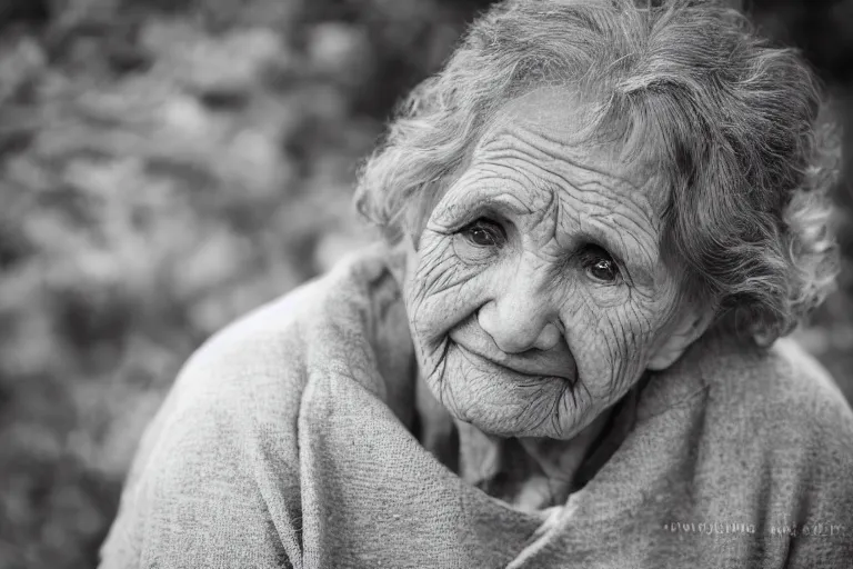 Prompt: grandmother wrinkled wistful expression sigma 1 0 5 mm f 2. 8 outdoors