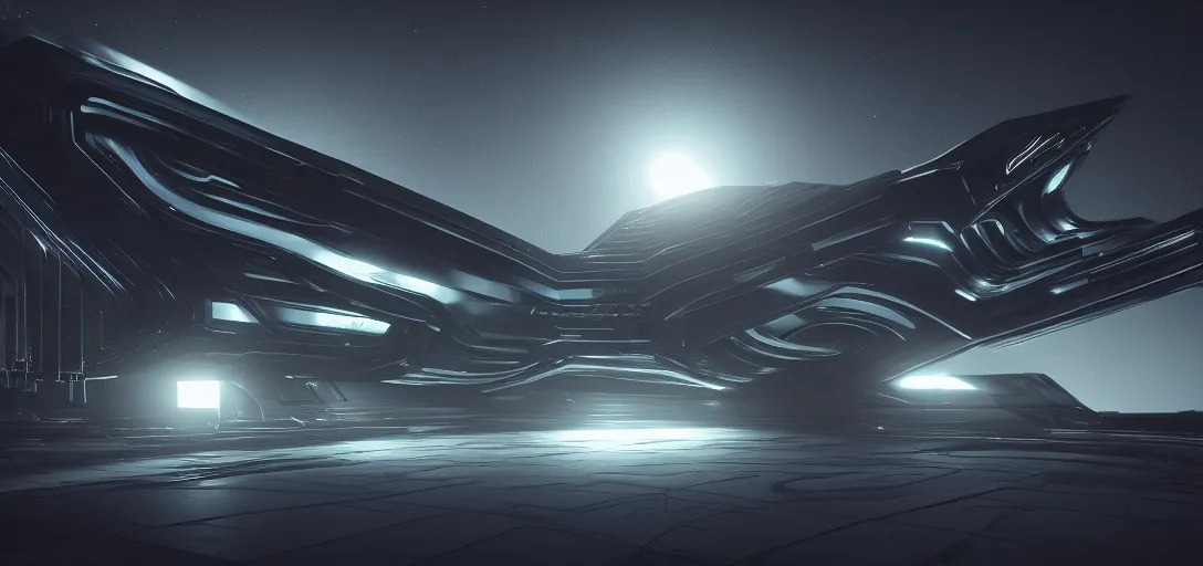 Image similar to dramatic render of exterior of dark futuristic spaceship at night, nebula, ambient occlusion, raytracing, unreal engine, detailed, 3 d artstation by h. r giger and neil blevins