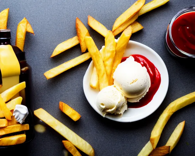 Prompt: dslr food photograph of vanilla ice cream with ketchup on, a leaf of basil on the ice cream, french fries on the side, a bottle of ketchup, bokeh, 8 5 mm f 1. 4