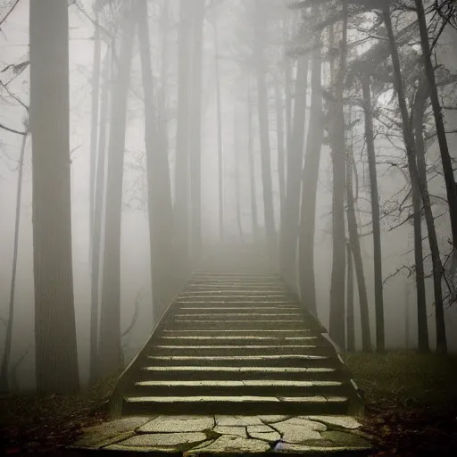 Image similar to creepy stairs in middle of forest, dark foggy misty colors!, dark forest from evil realm