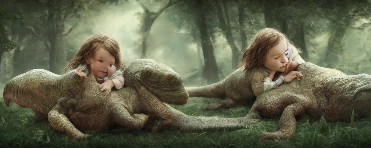 Prompt: portrait of a little girl cuddling with her beloved tyrannosaurus, very high detail, raytracing, back light, digital art, raymarching, by zdenek burian h 7 6 8