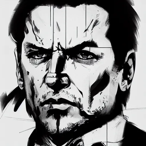 Prompt: cinematic portrait of silvio berlusconi, metal gear solid style, artwork by yoji shinkawa, illustration, black and white, concept art, intricate details, trending on artstation