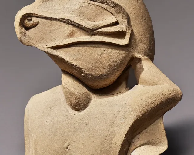 Prompt: an ancient effigy of a half-bird half-man, clay sculpture, cubism, photograph