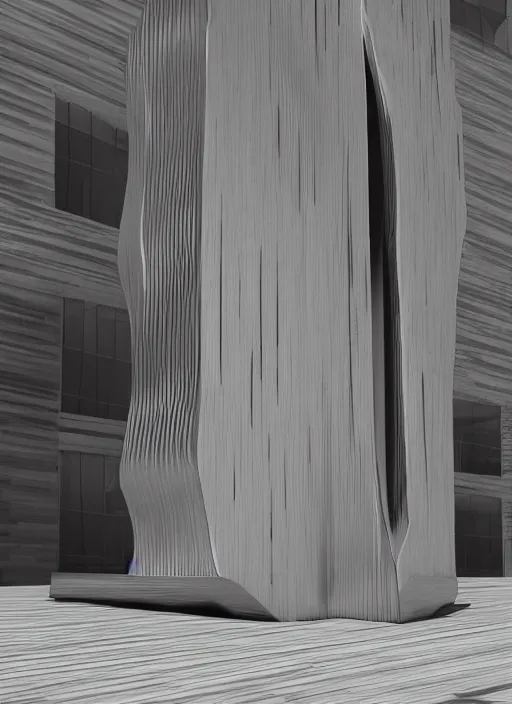 Image similar to highly detailed realistic architecture 3 d render of a wood and metal stele monument in zaha hadid style standing on a side of a road, archdaily, made in unreal engine 4 octane render