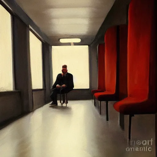 Image similar to a beautiful painting of a man sitting in a subway seat, rutkowski, realism, cinematic lighting