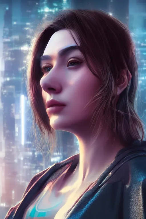 Prompt: hyperrealistic close up portrait of stunningly beautiful girl, lit by dawn light, cyberpunk city on background, trending on artstation, unreal engine