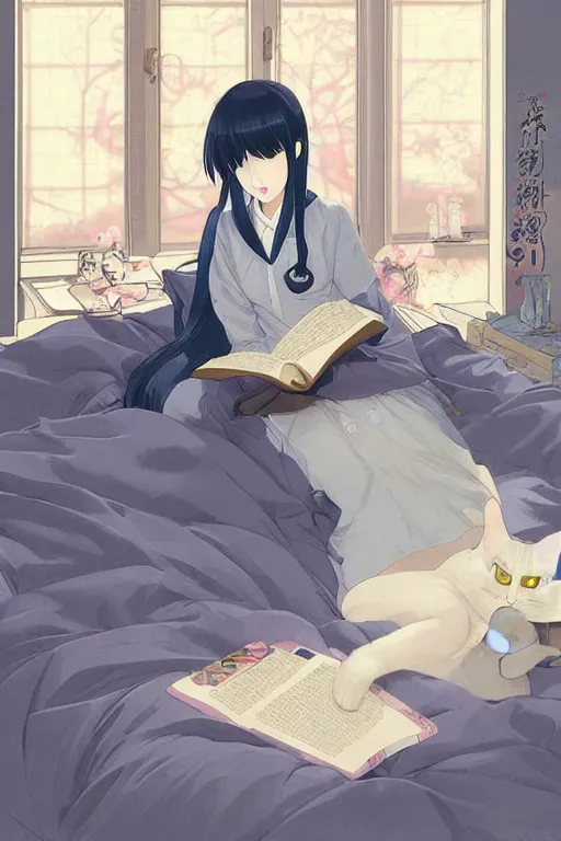 Prompt: a digital painting of a girl in Japanese high school uniform reading a book with a cat and candle in A comfortable bed room at midnight,blue and grey theme,JK uniform ,Hairdryer,blue theme,S line, by krenz cushart and mucha and range murata and greg rutkowski