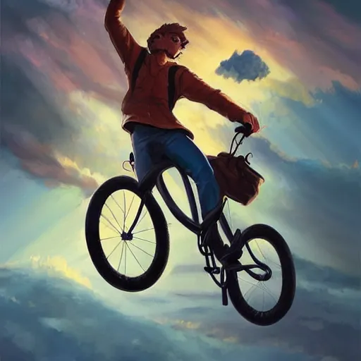 Prompt: A striking painting of a happy man flying in the sky on his bicycle in the clouds, award-winning digital art by Ross Tran