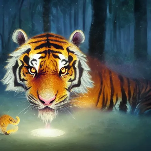 Image similar to adorable glowing tiger, trending on art station, cute, big eyes, matte painting, concept art, pixar, disney, highly detailed, cinematic composition, unreal engine, sharp focus, realistic