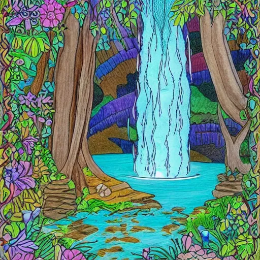 Image similar to an adult coloring page of a waterfall in the enchanted forest, light detail