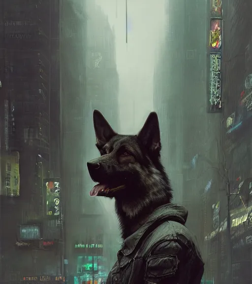 Image similar to new york city portrait of furry anthro anthropomorphic german shepard head animal person fursona wearing clothes strange cybernetic muzzle gloomy rainy cyberpunk digital art by Greg Rutkowski, Simon Stalenhag, christopher nolan trending on Artstation, CGSociety