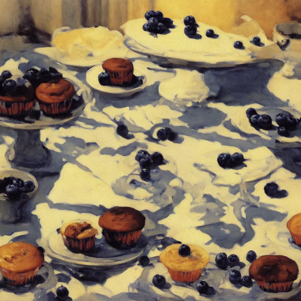 Image similar to painting of blueberry cupcakes with creme topping by Edward Hopper