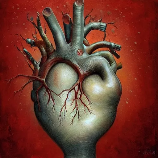 Prompt: a realistic anatomical human heart placed inside a small glass box held in the palms of my hands, raindrops, rain splashing, painting by Esao Andrews
