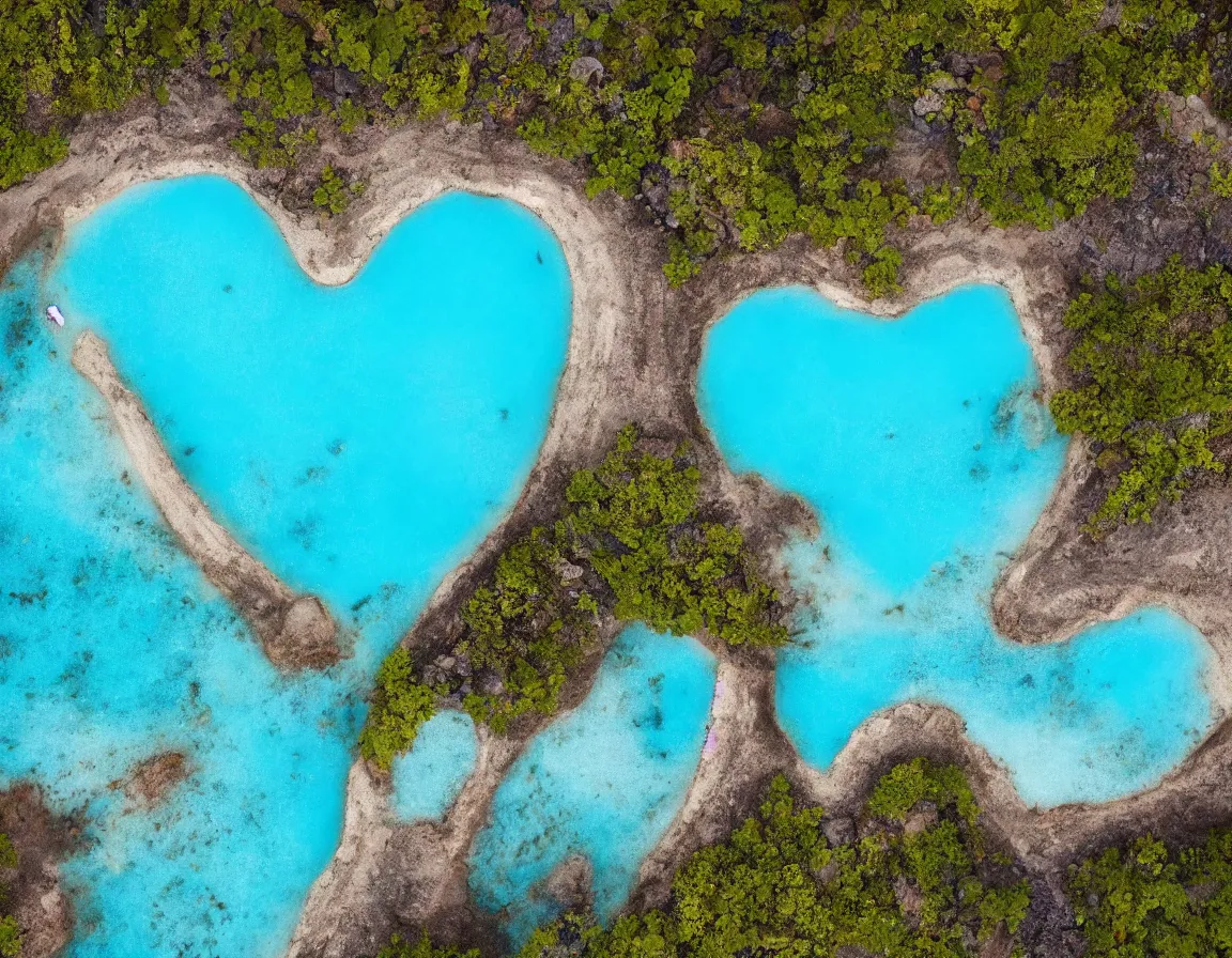 Prompt: photo of ultra realistic blue lagoon with exotic tree heart / shaped sandy beach island, sunset lighting