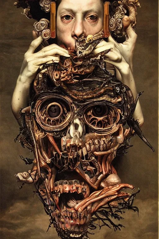 Image similar to Detailed maximalist portrait with large lips and with large, wide eyes, angry expression, extra bones, flesh, HD mixed media, 3D collage, highly detailed and intricate, surreal, illustration in the style of Caravaggio, dark art, baroque