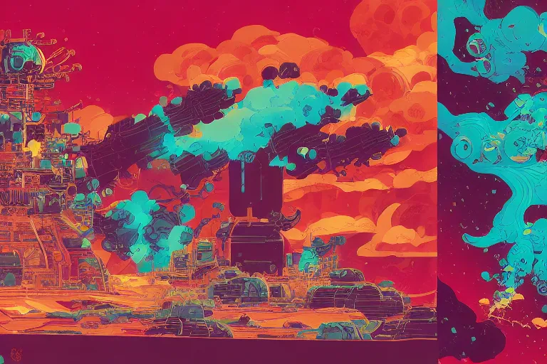 Prompt: highly detailed vibrant delirium mars explosion by petros afshar, tom whalen, laurie greasley, war face by greg rutkowski