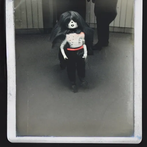 Prompt: aged polaroid photo of a scary doll in a london subway, gloomy, grainy