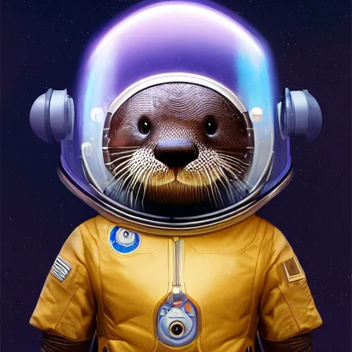 Image similar to a realistic portrait of an otter wearing a space helmet with space and nebula background, trending on artstation, ultra detail, photorealistic, fine detail, cgi, zbrush, global illumination, studio lighting