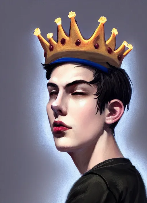 Image similar to portrait of teenage jughead jones wearing a light grey crown, crown, eating hamburger, eyes closed, crown, black hair, intricate, elegant, glowing lights, warm lighting, highly detailed, digital painting, artstation, concept art, smooth, sharp focus, illustration, art by wlop, mars ravelo and greg rutkowski