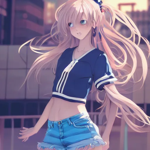 Image similar to a very beautiful anime girl, full body, long golden hair, sky blue eyes, full round face, short smile, mini jeans skirt, cute top, urban setting, cinematic lighting, medium shot, mid-shot, highly detailed, trending on Artstation, Unreal Engine 4k, cinematic wallpaper by Stanley Artgerm Lau, WLOP, Rossdraws, James Jean, Andrei Riabovitchev, Marc Simonetti, and Sakimichan