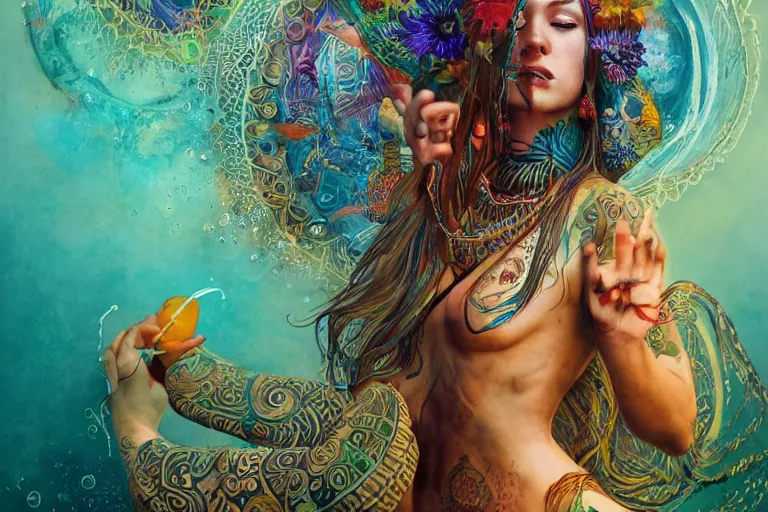 Image similar to a centered full body photo of alluring festival hippies with tribal paintings surrounded by a underwater ink pour and flowing liquid galium and sacred geometry, perfect face, powerful, cinematic, beautifully lit, by artgerm, by karol bak, by viktoria gavrilenko, 3 d, trending on artstation, octane render, 8 k