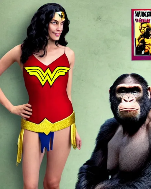 Image similar to a Chimpanzee dressed as Wonder Woman stands in front of a wanted poster for Super villain Gorilla Grodd, photographed in the style of Annie Leibovitz, photorealistic