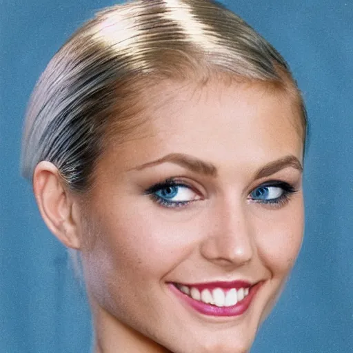 Image similar to a woman with an oval shaped face, angular jaw, blue eyes, light brown hair with blond streaks at the front, angular nose, hair tied in a bun