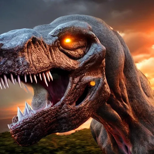 Image similar to A realistic photo of a mixture of Human and Tyrannosaurus, hyper-realistic, 8K HDR.