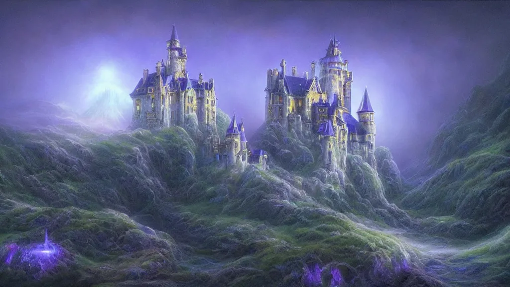 Image similar to beautiful airbrush matte painting of a castle made of light inspired by gilbert williams. clean painting and auora lighting. dark blue and intense purple color palette, art by gilbert williams