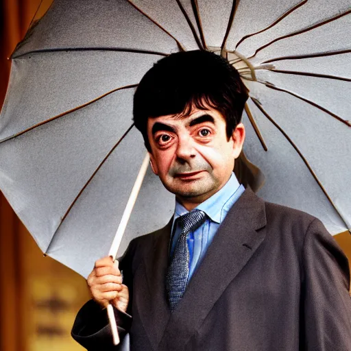 Image similar to rowan atkinson dressed as a traditional korean man posing with an umbrella, cinematic shot, dynamic lighting, close up, impressive winning photo, pastel colors