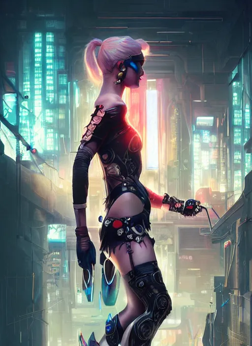 Image similar to a beautiful illustration of cyberpunk harley quinn with pointy ears, intricate, sharp focus, illustration, highly detailed, digital painting, concept art, matte, art by wlop and artgerm and greg rutkowski and alphonse mucha, masterpiece