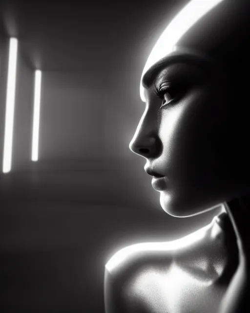 Image similar to black and white high quality photo of a beautiful futuristic female human-cyborg looking into a sci-fi mirror, volumetric lighting, liminal space, brutalism, foggy, dreamy, hyperdetailed, bokeh, photorealistic, cinematic, masterpiece, Metropolis, elegant, dark, octane render, 8K, in the style of Dora Maar