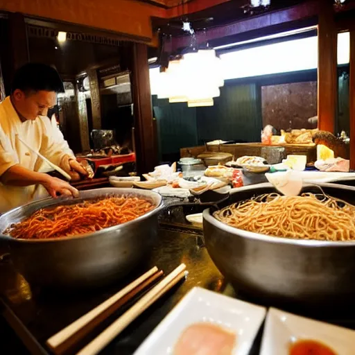 Prompt: Inside a traditional Chinese restaurant, with the chef preparing lots of yakisoba in a giant pot