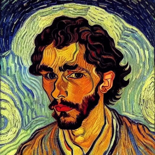Prompt: painting of handsome beautiful dark medium wavy hair man in his 2 0 s, dressed as an oracle, looking upward to the heavens above, slight smile, foreseeing the future, elegant, clear, painting, highly stylized, art by vincent van gogh, egon schiele