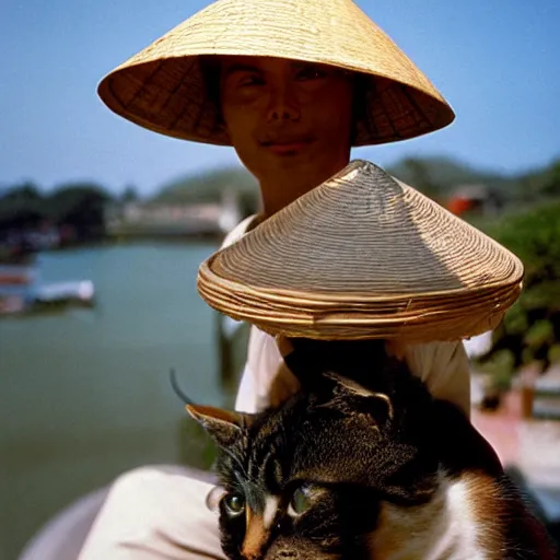 Prompt: A closeup film photography of a cat wearing vietnamese straw hat, photo bySlim Aarons, award winning, 4K