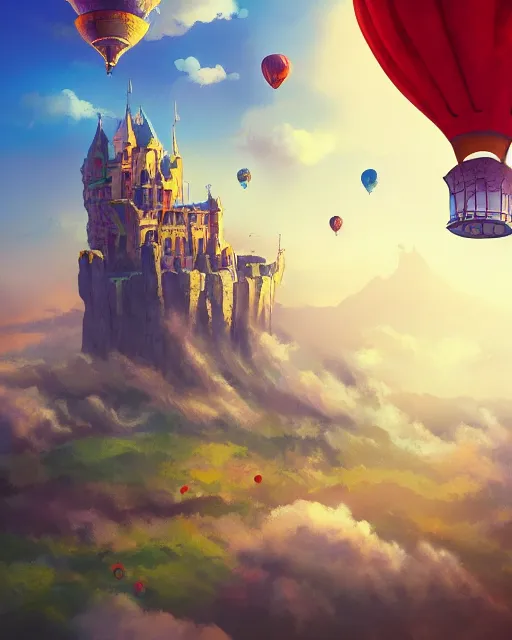 Image similar to flying cloud castle, buildings, baloons, machines, bright, blue sky, mountains, colorful, cinematic lighting, fantasy, high detail, illustration, masterpiece, artstation, 4 k, art by wylie beckert