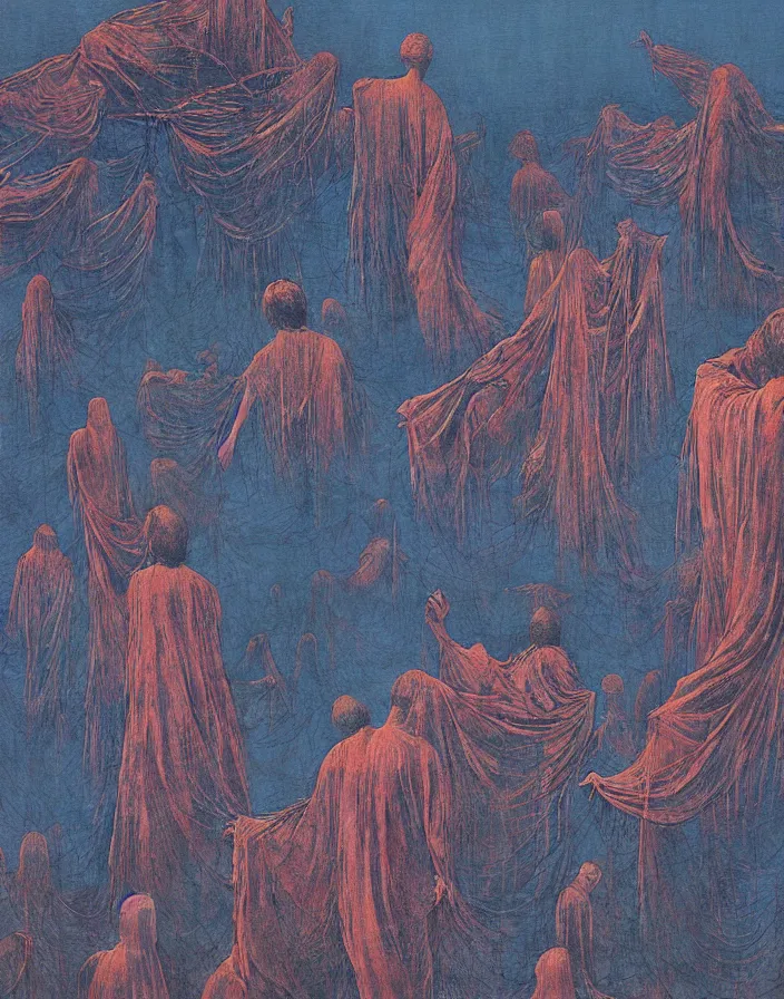 Image similar to worshippers in robes standing in waves, high detailed beksinski painting, part by adrian ghenie and gerhard richter. art by takato yamamoto. masterpiece, deep colours, blue