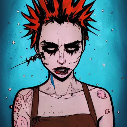 Image similar to Highly detailed portrait of a punk zombie latino young lady with freckles and spikey punk hair by Atey Ghailan, by Loish, by Bryan Lee O'Malley, by Cliff Chiang, was inspired by iZombie, inspired by graphic novel cover art !!!electric blue, brown, black, yellow and white color scheme ((grafitti tag brick wall background))