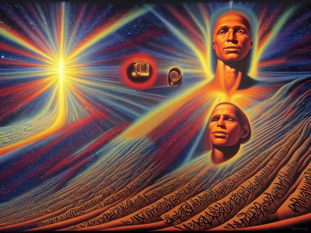 Image similar to a beautiful future of divine human spiritual evolution, by david a. hardy, wpa, public works mural, socialist