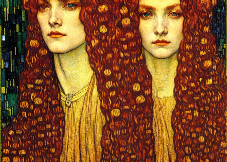 Image similar to detailed realistic beautiful young medieval queen face portrait by jean delville, gustav klimt and vincent van gogh, art nouveau, symbolist, visionary, gothic, pre - raphaelite, muted earthy colors, desaturated