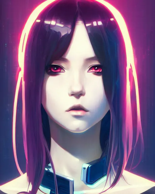 Image similar to a comic potrait of a cyberpunk cyborg girl with big and cute eyes, fine - face, realistic shaded perfect face, fine details. night setting. very anime style. realistic shaded lighting poster by ilya kuvshinov katsuhiro, magali villeneuve, artgerm, jeremy lipkin and michael garmash, rob rey and kentaro miura style, trending on art station