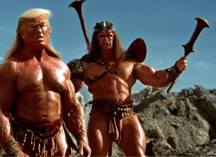 Prompt: still of muscular donald trump in conan the barbarian directed by frank frazetta, high resolution