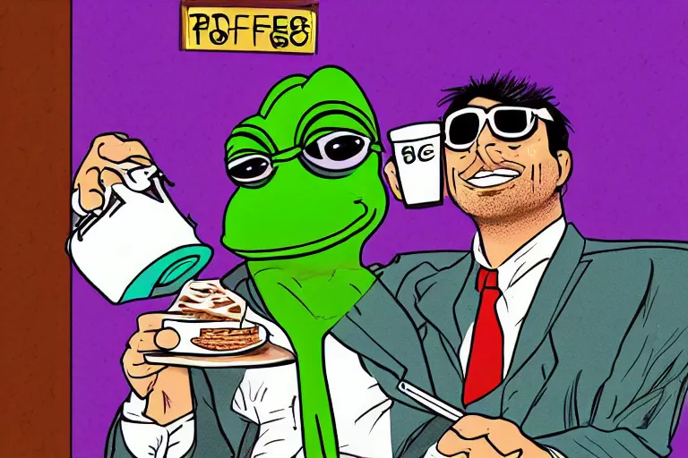 Prompt: pepe the frog in a tony montana costume drinking coffee in the office, 8 0 s style, retrowave, digital art, trending on artstation